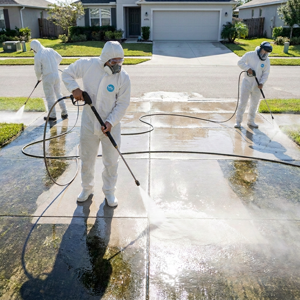 A residential concrete driveway being pressure washed