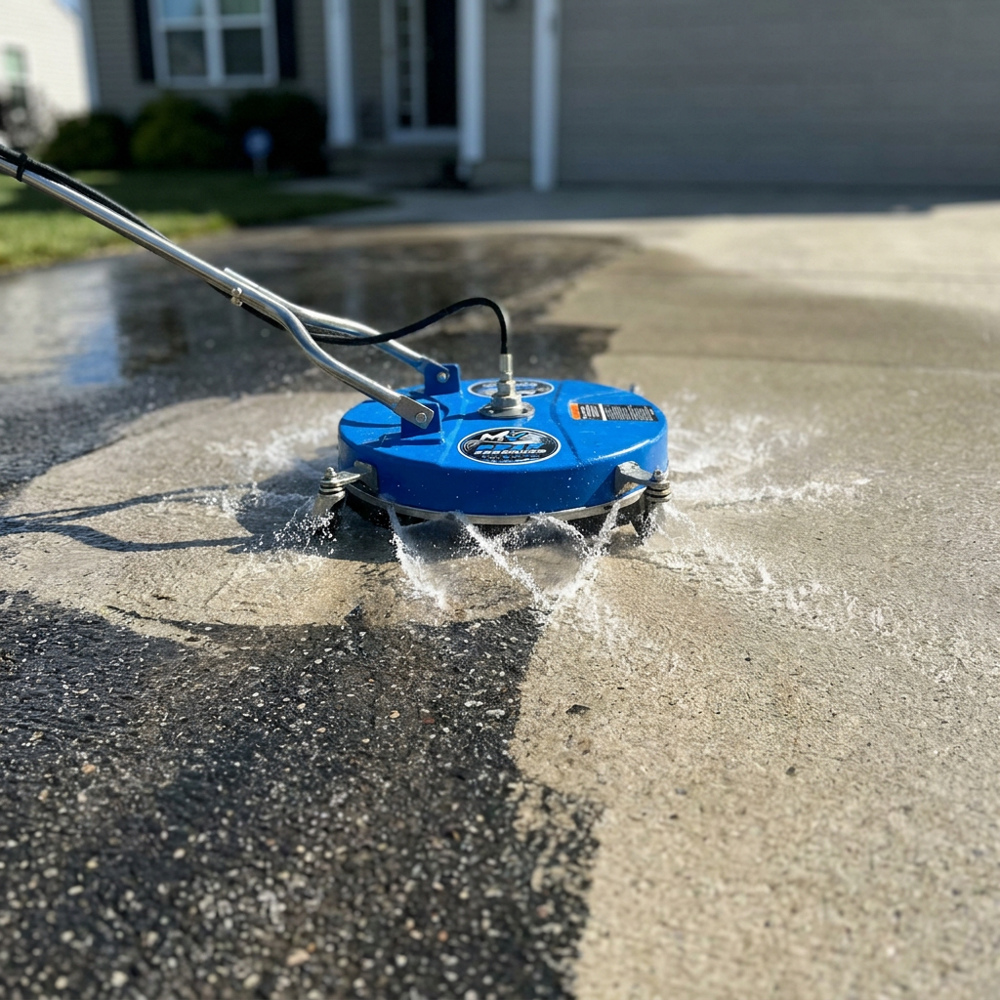 Pressure washing surface cleaner working on concrete